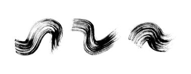 Siyah fırça darbesi. Beyaz arka planda üç el çizilmiş mürekkep lekesi var. Vektör illüstrasyonu