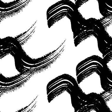 Seamless pattern with black wavy grunge brush strokes in abstract shapes on white background. Vector illustration