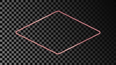 Rose gold glowing rounded rhombus shape frame isolated on dark transparent background. Shiny frame with glowing effects. Vector illustration