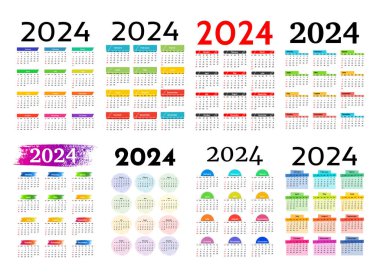 2024 için sekiz dikey takvim seti beyaz arka planda izole edildi. Pazardan pazartesiye, iş planı. Vektör illüstrasyonu