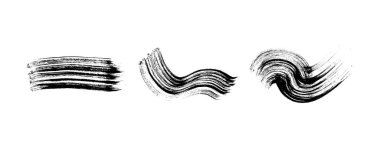 Siyah fırça darbesi. Beyaz arka planda üç el çizilmiş mürekkep lekesi var. Vektör illüstrasyonu