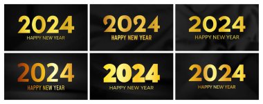 2024 Mutlu Yıllar arkaplanı. Buruşuk koyu ipek arka planda 2024 altın Yeni Yıl numarasıyla altı adet modern selamlama şablonu. Vektör illüstrasyonu