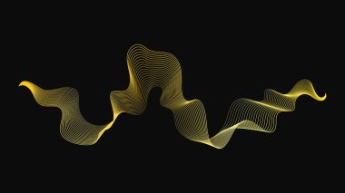Karanlık arka planda lüks altın dalgaları olan soyut bir fon. Modern teknoloji arka planı, dalga tasarımı. Vektör illüstrasyonu