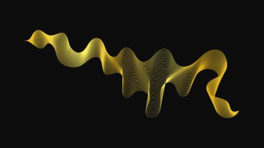 Karanlık arka planda lüks altın dalgaları olan soyut bir fon. Modern teknoloji arka planı, dalga tasarımı. Vektör illüstrasyonu