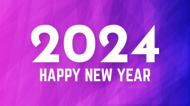 2024 Mutlu Yıllar arkaplanı. Mor soyut arkaplan üzerinde beyaz 2024 Yeni Yıl numaraları bulunan modern selamlama afişi şablonu. Vektör illüstrasyonu