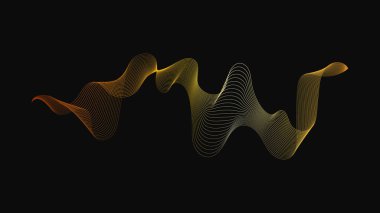 Karanlık arka planda lüks altın dalgaları olan soyut bir fon. Modern teknoloji arka planı, dalga tasarımı. Vektör illüstrasyonu