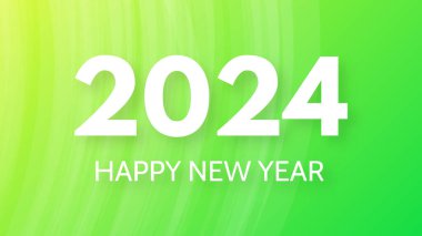 2024 Mutlu Yıllar arkaplanı. Yeşil soyut arkaplan üzerinde beyaz 2024 Yeni Yıl numaraları bulunan modern selamlama afişi şablonu. Vektör illüstrasyonu