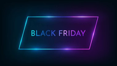 Parlak efektli neon dikdörtgen çerçeveli Kara Cuma yazıtları. Vektör illüstrasyonu