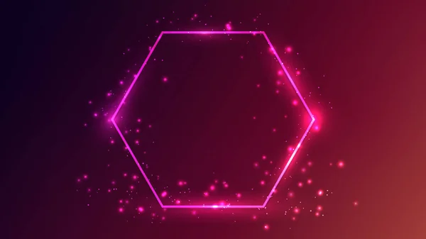 Neon Hexagon Frame Shining Effects Sparkles Dark Pink Background Empty — Stock Vector