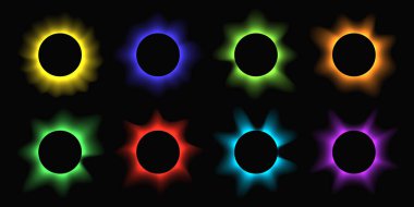 Circle illuminate frame with gradient. Set of eight round neon banners isolated on black background. Vector illustration