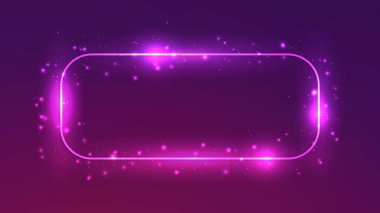 Neon yuvarlak dikdörtgen çerçeve, parlak efektler ve koyu mor arka planda parıltılar. Boş parlayan tekno fon. Vektör illüstrasyonu
