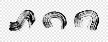 Siyah fırça darbesi. Şeffaf arkaplanda üç el çizilmiş mürekkep lekesi var. Vektör illüstrasyonu