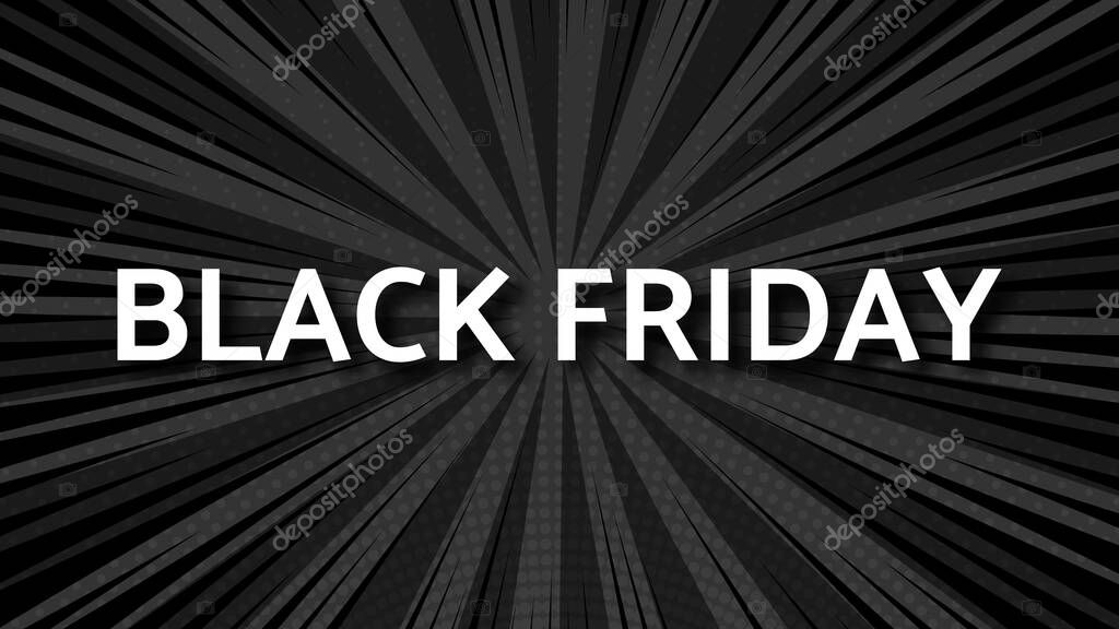Black Friday inscription on comic pop art background. White inscription with shadow on halftone banner. Vector illustration