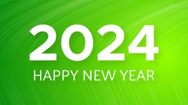 2024 Mutlu Yıllar arkaplanı. Yeşil soyut arkaplan üzerinde beyaz 2024 Yeni Yıl numaraları bulunan modern selamlama afişi şablonu. Vektör illüstrasyonu