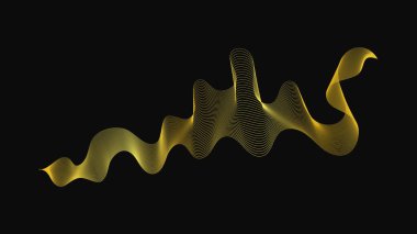 Karanlık arka planda lüks altın dalgaları olan soyut bir fon. Modern teknoloji arka planı, dalga tasarımı. Vektör illüstrasyonu