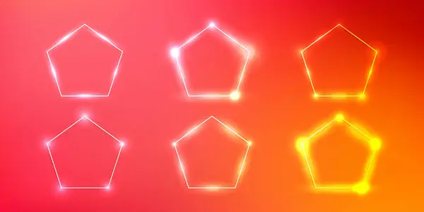 Set Six Neon Frames Pentagon Form Shining Effects Sparkles Orange — Stock Vector