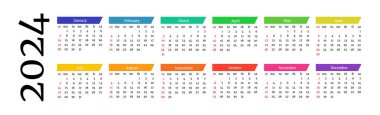 Horizontal calendar for 2024 isolated on a white background. Sunday to Monday, business template. Vector illustration