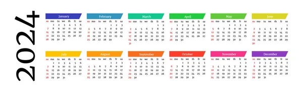 Horizontal Calendar 2024 Isolated White Background Sunday Monday Business Template — Stock Vector