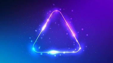 Neon yuvarlak üçgen çerçeve, parlak efektler ve koyu mavi arka planda parıltılar. Boş parlayan tekno fon. Vektör illüstrasyonu