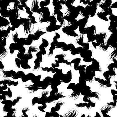 Seamless pattern with black wavy grunge brush strokes in abstract shapes on white background. Vector illustration