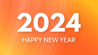 2024 Mutlu Yıllar arkaplanı. Turuncu soyut arka planda beyaz 2024 Yeni Yıl rakamlarıyla modern selamlama şablonu. Vektör illüstrasyonu
