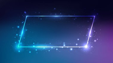 Parlak efektli neon çerçeve ve koyu mor arka planda parıltılar. Boş parlayan tekno fon. Vektör illüstrasyonu