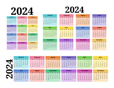 2024 için üç takvim seti beyaz arka planda izole edilmiş farklı formlarda. Pazardan pazartesiye, iş planı. Vektör illüstrasyonu