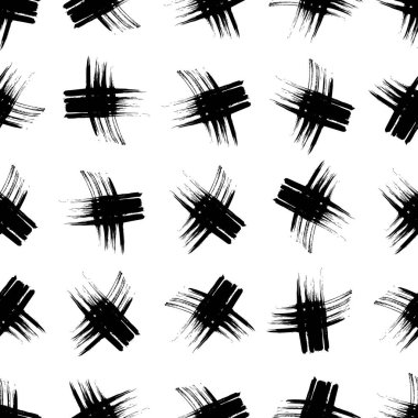 Elle çizilmiş çapraz sembollü kusursuz desen. Beyaz arka planda siyah çizim işareti. Vektör illüstrasyonu