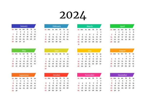 Kalendář Pro Rok 2024 Izolované Bílém Pozadí Neděle Pondělí Obchodní — Stockový vektor