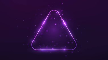 Neon yuvarlak üçgen çerçeve, parlak efektler ve koyu mor arka planda parıltılar. Boş parlayan tekno fon. Vektör illüstrasyonu