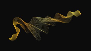 Karanlık arka planda lüks altın dalgaları olan soyut bir fon. Modern teknoloji arka planı, dalga tasarımı. Vektör illüstrasyonu