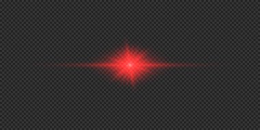 Lens fişeklerinin ışık etkisi. Gri şeffaf arkaplanda parıldayan kırmızı yatay ışık patlaması efekti. Vektör illüstrasyonu