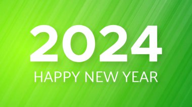 2024 Mutlu Yıllar arkaplanı. Yeşil soyut arkaplan üzerinde beyaz 2024 Yeni Yıl numaraları bulunan modern selamlama afişi şablonu. Vektör illüstrasyonu