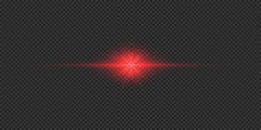 Lens fişeklerinin ışık etkisi. Gri şeffaf arkaplanda parıldayan kırmızı yatay ışık patlaması efekti. Vektör illüstrasyonu