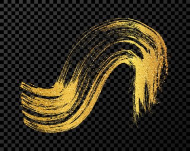 Altın dalgalı grunge fırça darbesi. Boyalı mürekkep şeridi. Mürekkep lekesi koyu şeffaf arkaplanda izole edilmiş. Vektör illüstrasyonu