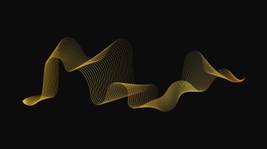 Karanlık arka planda lüks altın dalgaları olan soyut bir fon. Modern teknoloji arka planı, dalga tasarımı. Vektör illüstrasyonu