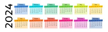 Horizontal calendar for 2024 isolated on a white background. Sunday to Monday, business template. Vector illustration