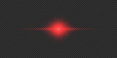 Lens fişeklerinin ışık etkisi. Gri şeffaf arkaplanda parıldayan kırmızı yatay ışık patlaması efekti. Vektör illüstrasyonu