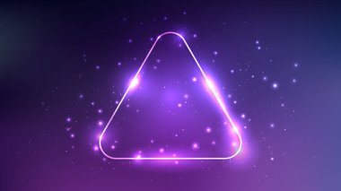 Neon yuvarlak üçgen çerçeve, parlak efektler ve koyu mor arka planda parıltılar. Boş parlayan tekno fon. Vektör illüstrasyonu