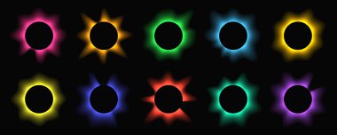 Circle illuminate frame with gradient. Big set of round neon banners isolated on black background. Vector illustration