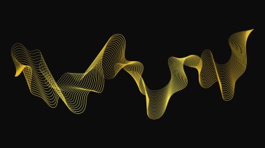 Karanlık arka planda lüks altın dalgaları olan soyut bir fon. Modern teknoloji arka planı, dalga tasarımı. Vektör illüstrasyonu