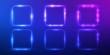 Altı neon yuvarlak kare çerçeve seti. Parlak efektler ve koyu mavi arka planda parıltılar. Boş parlayan tekno fon. Vektör illüstrasyonu