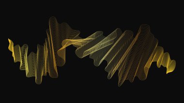 Karanlık arka planda lüks altın dalgaları olan soyut bir fon. Modern teknoloji arka planı, dalga tasarımı. Vektör illüstrasyonu