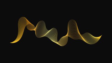 Karanlık arka planda lüks altın dalgaları olan soyut bir fon. Modern teknoloji arka planı, dalga tasarımı. Vektör illüstrasyonu