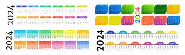 2024 için dört yatay takvim seti beyaz arka planda izole edildi. Pazardan pazartesiye, iş planı. Vektör illüstrasyonu