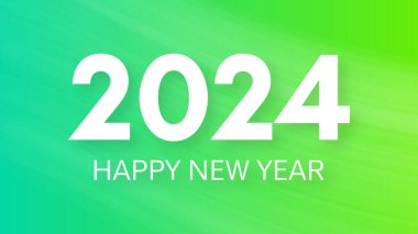 2024 Mutlu Yıllar arkaplanı. Yeşil soyut arkaplan üzerinde beyaz 2024 Yeni Yıl numaraları bulunan modern selamlama afişi şablonu. Vektör illüstrasyonu