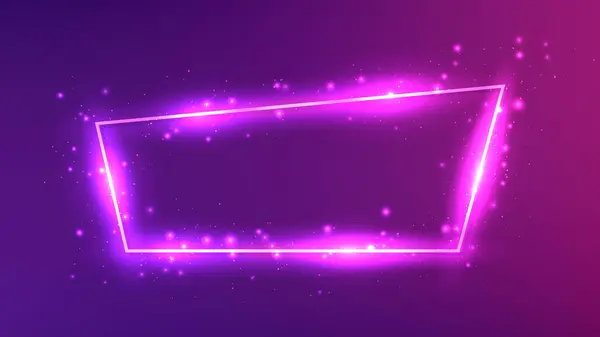 Neon Trapezoid Frame Shining Effects Sparkles Dark Purple Background Empty — Stock Vector