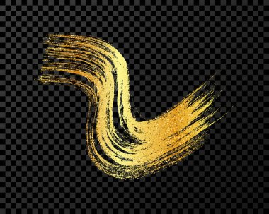 Altın dalgalı grunge fırça darbesi. Boyalı mürekkep şeridi. Mürekkep lekesi koyu şeffaf arkaplanda izole edilmiş. Vektör illüstrasyonu