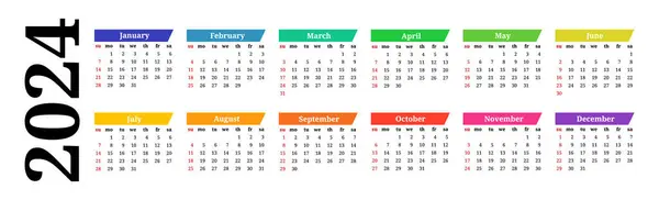 Horizontale Kalender Voor 2024 Geïsoleerd Een Witte Achtergrond Zondag Tot — Stockvector