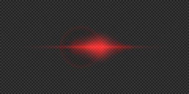 Lens fişeklerinin ışık etkisi. Gri şeffaf arkaplanda parıldayan kırmızı yatay ışık patlaması efekti. Vektör illüstrasyonu